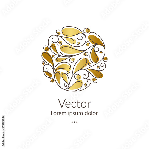 Abstract emblem with golden leaves in a circle shape. Can be used for jewelry, beauty and fashion industry. Great for logo, monogram, invitation, flyer, menu, background, or any desired idea.