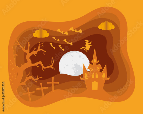 happy halloween card with castle in cemetery scene