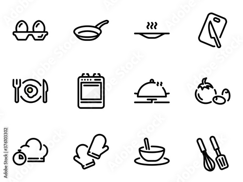 Set of black vector icons, isolated against white background. Illustration on a theme Ingredients and process for making scrambled eggs or breakfast