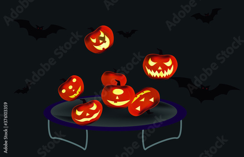 Halloween pumpkins jumping on a trampoline