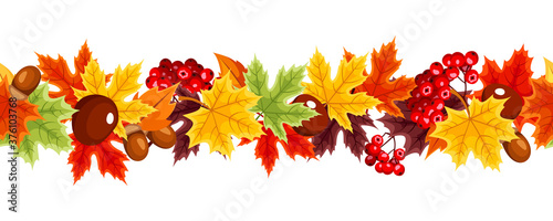 Vector horizontal seamless border with red, orange, yellow, green and brown autumn leaves.