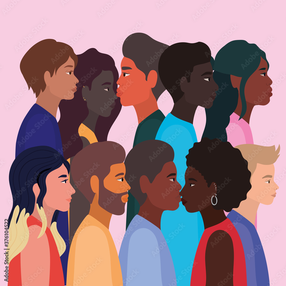 diversity skins of women and men cartoons vector design