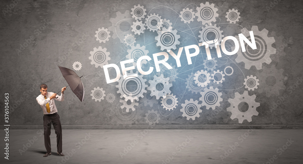 Businessman defending with umbrella from DECRYPTION inscription, technology concept Businessman defending with umbrella from DECRYPTION inscription, technology concept