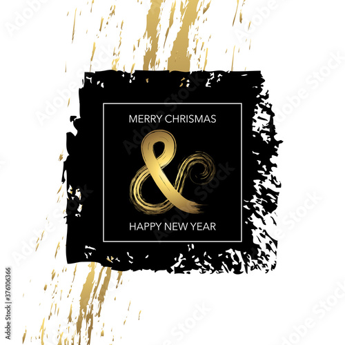 2021- carte de vœux au graphisme typographique artistique, noir et or sur un fond blanc - texte anglais : joyeux Noël et bonne année. 