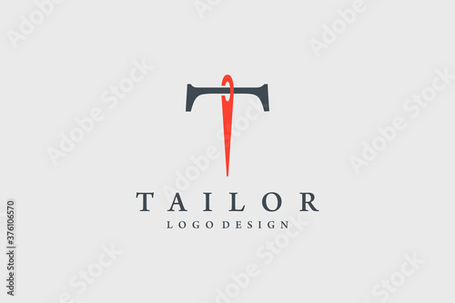 Initial Letter T Logo. Black Shape Classic T Letter Calligraphy Linked with Red Needle Combination isolated on Vintage Background. Usable for Tailor Logo. Flat Vector Logo Design Template Element.