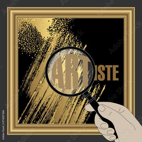 illustration vectoriel - une création artistique d’une expertise d’un tableau exposé dans un musée - texte français - traduction : artiste.