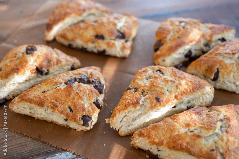 Chocolate Chip Scones On Brown Paper