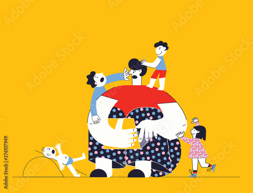 Frustrated parent of many children. Tired father with his four kids. Online working and household at the same time while quarantine. Exhausted parents with children. Flat vetor cartoon illustration