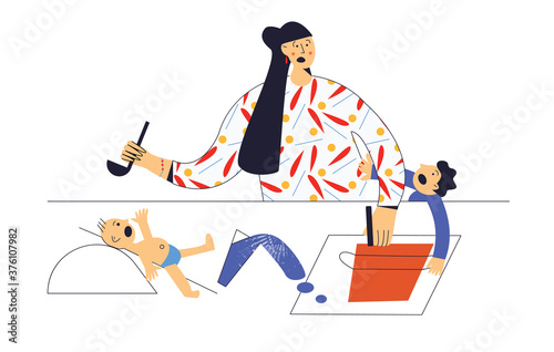 Mom is frustrated and depressed by screaming of children. Kids having quarrel over tired mother. Problems of motherhood. Female babysitter feels exhausted by noisy kids. Flat vector illustration