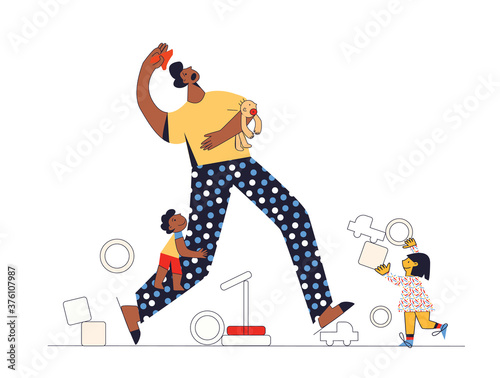 Difficult and frustrated parenting. Multicultural family, adoptive father and children. Tired dad feels exhausted with many kids.  Flat vector cartoon illustration isolated on yellow 