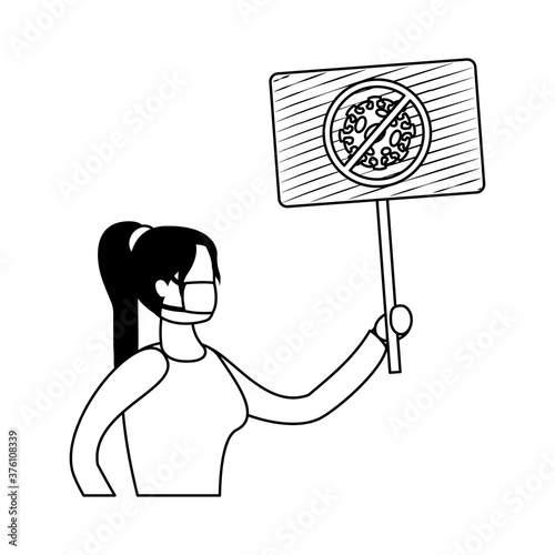 woman wearing medical mask with stop covid19 protest banner