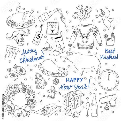Christmas and New Year doodles. Linear art. Sketch on the theme of the Year of the Ox.