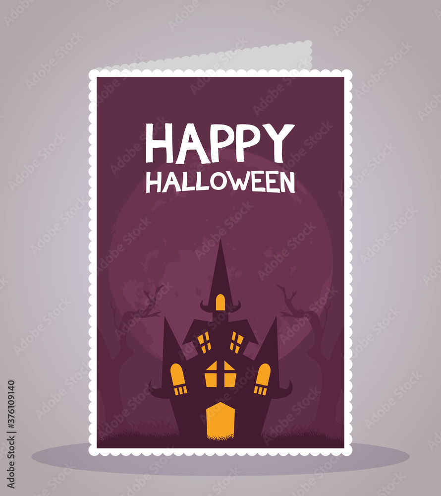 happy halloween card with lettering and haunted castle scene