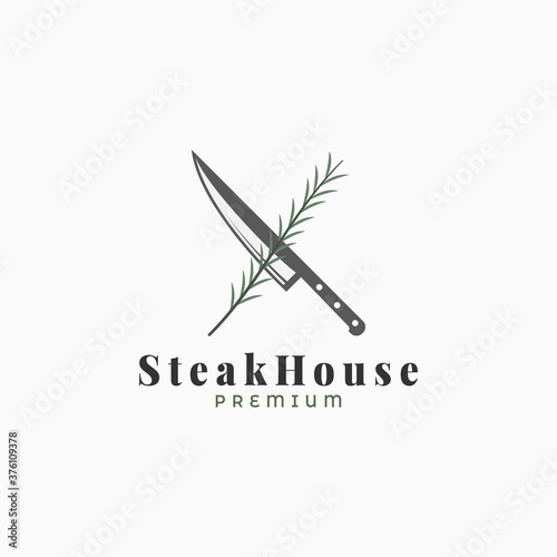 Steak logo with knife and rosemary on white