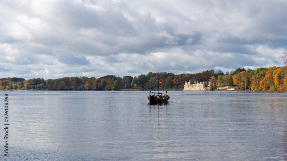 Autumn Landscape of Old Koknese Castle Ruins and River Daugava Located in Koknese Latvia. Medieval Castle Remains in Koknese.