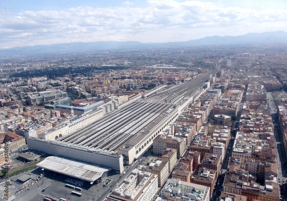 Aerial view of the infrastructure of the central train terminal in the city of Rome, Italy