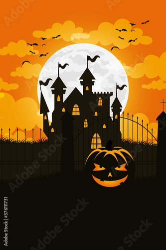 happy halloween card with haunted house and pumpkin scene