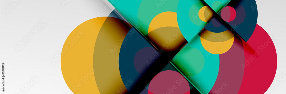 Bright color circles, abstract round shapes and triangles composition with shadow effects. Vector modern geometric design template Bright color circles, abstract round shapes and triangles composition with shadow effects. Vector modern geometric design template