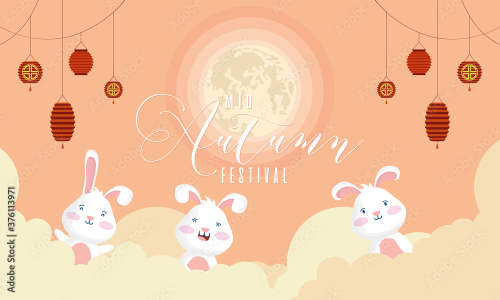 mid autumn festival poster with rabbits and lamps hanging mid autumn festival poster with rabbits and lamps hanging
