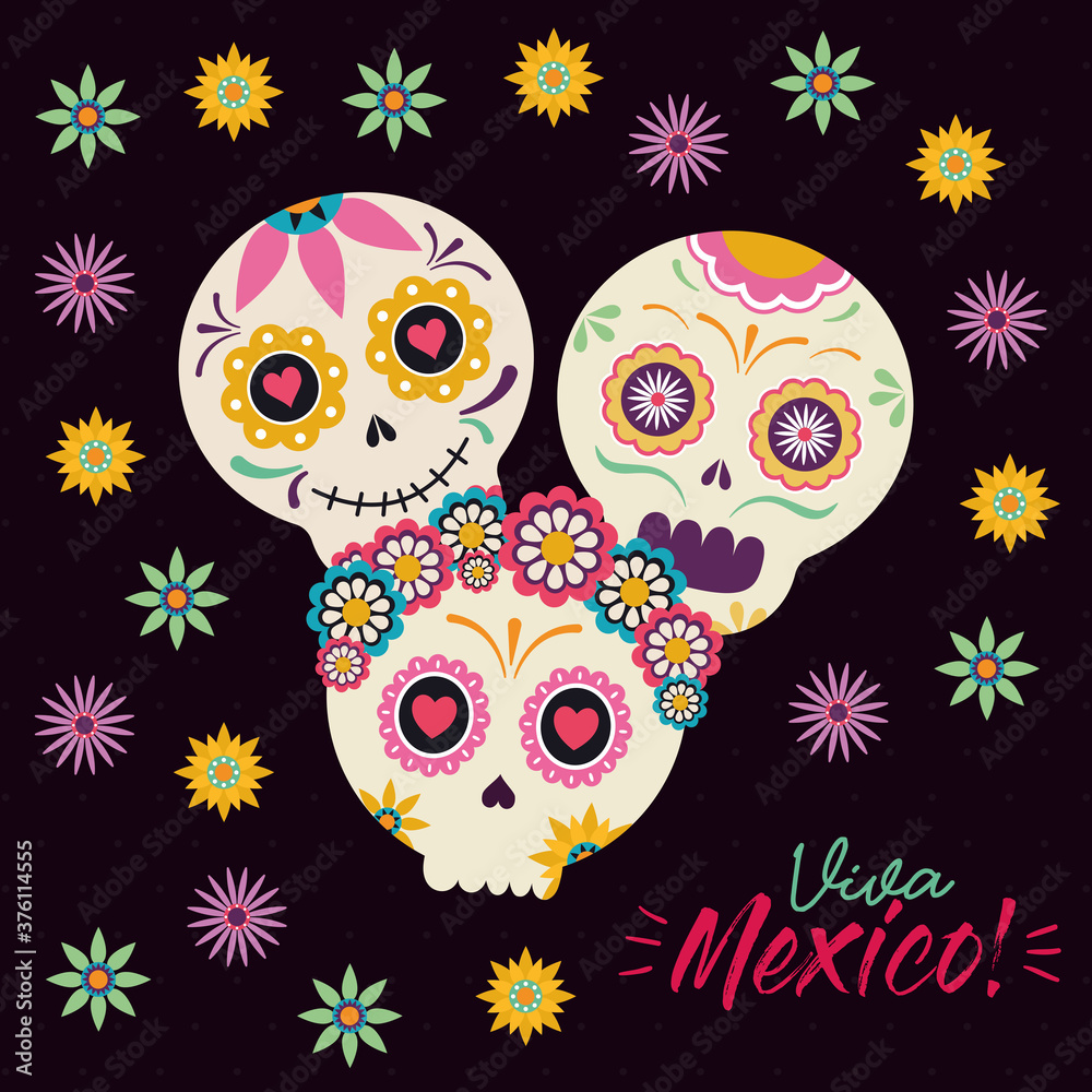Fototapeta premium mexican skull heads with flowers vector design
