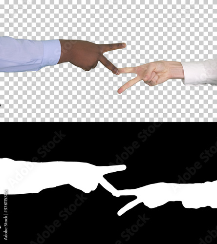 Woman and man doign the paper, scissors, rock game, Alpha Channel photo