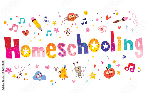 Homeschooling word written in unique lettering with additional kids design elements 
