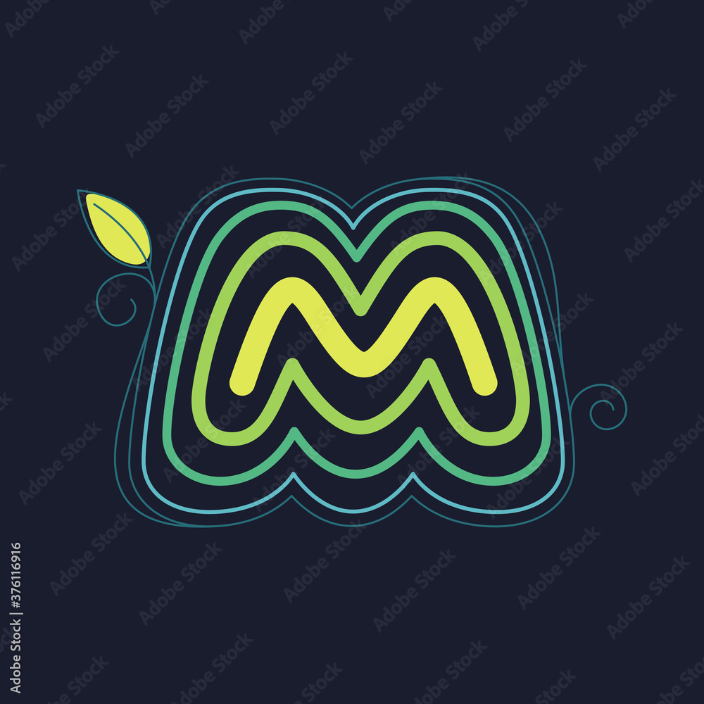 Obraz premium Green line M letter logo with swirl petals and leaf.