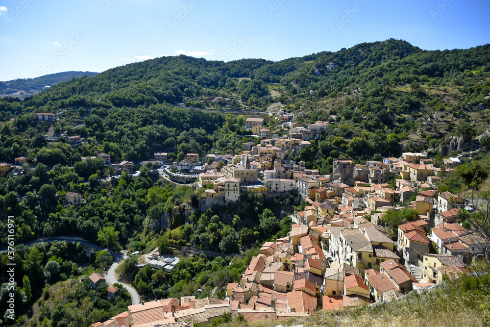 
Panoramic view of Castelmezzano, a village in the mountains of the Basilicata region, Italy.