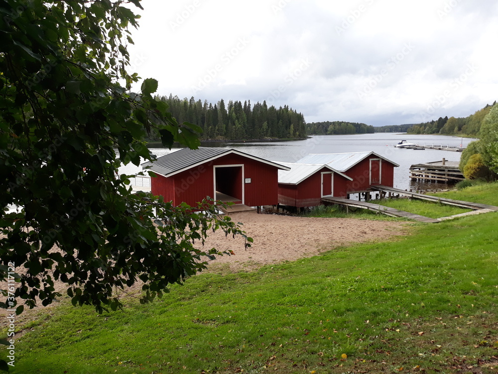 Red boat houses in Virrat Finland Red boat houses in Virrat Finland