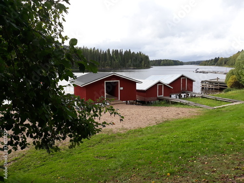 Red boat houses in Virrat Finland
