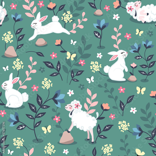 Happy little white bunnies and sheep in a colorful flower field on a green blue background. Seamless surface repeat vector pattern. © Alex