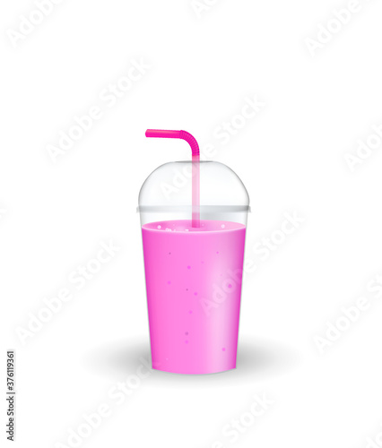 Strawberry smoothie in plastic glass. vector