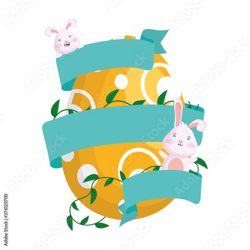 Fototapeta Naklejka Na Ścianę i Meble -  cute easter little rabbits with ribbon frame characters