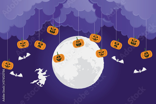 happy halloween card with pumpkins and witch flying scene