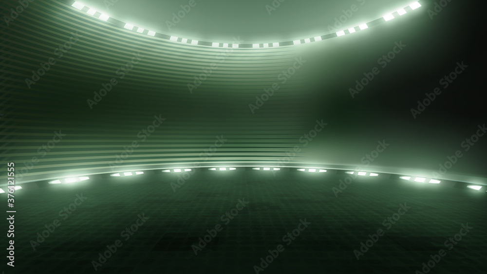 Dark, futuristic virtual studio backdrop, with spotlights. Ideal for virtual tracking system sets, with green screen. (3D rendering)