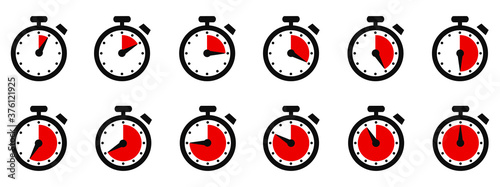 Timer, clock, stopwatch isolated set icons with different time. Countdown timer symbol icon set. Sport clock with red colored time meaning. Label cooking symbols. Stopwatch collection - vector