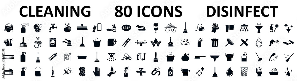 Set 80 clean and disinfect icons. Cleaning and sanitizer products, clean surfaces, hands - stock vector