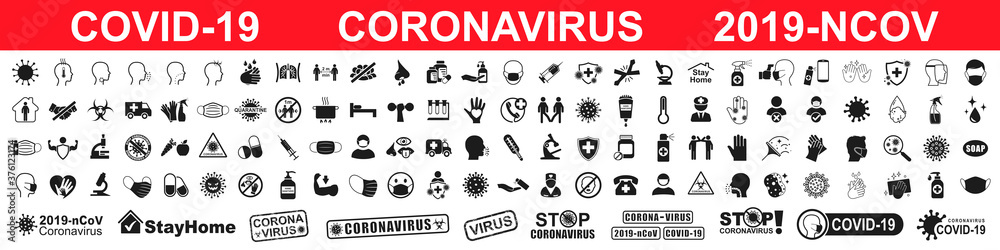 Set corona virus icons infographic. Concept with symptoms and protective antivirus icons related to coronavirus, 2019-nCoV, COVID-19 – vector - obrazy, fototapety, plakaty 