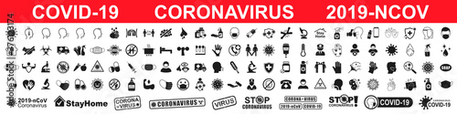 Set corona virus icons infographic. Concept with symptoms and protective antivirus icons related to coronavirus, 2019-nCoV, COVID-19 – vector