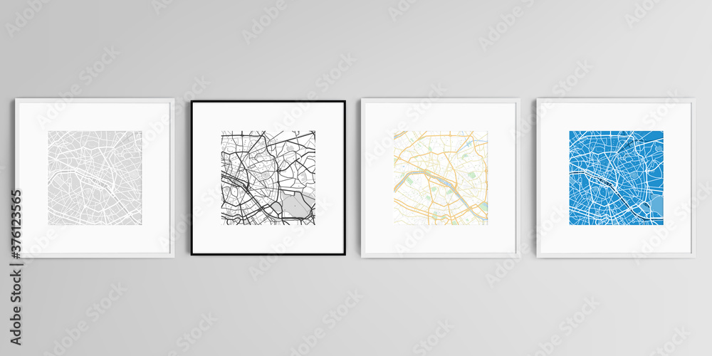 Realistic vector set of square picture frames isolated on gray background with urban city map of Paris.