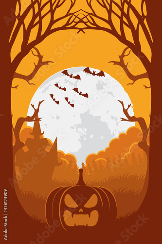 happy halloween card with pumpkin and bats flying sunset scene