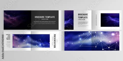 Vector layouts of horizontal presentation templates for landscape design brochure, cover design, flyer, book design, magazine. Digital data visualization, polygonal science dark background.