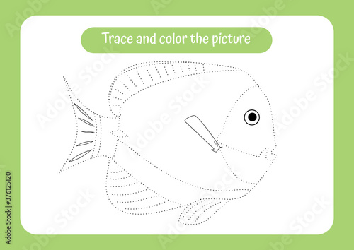 Tropical fish. Trace and color the picture.Educational game for children. Handwriting and drawing practice. Ocean theme activity for toddlers, kids.