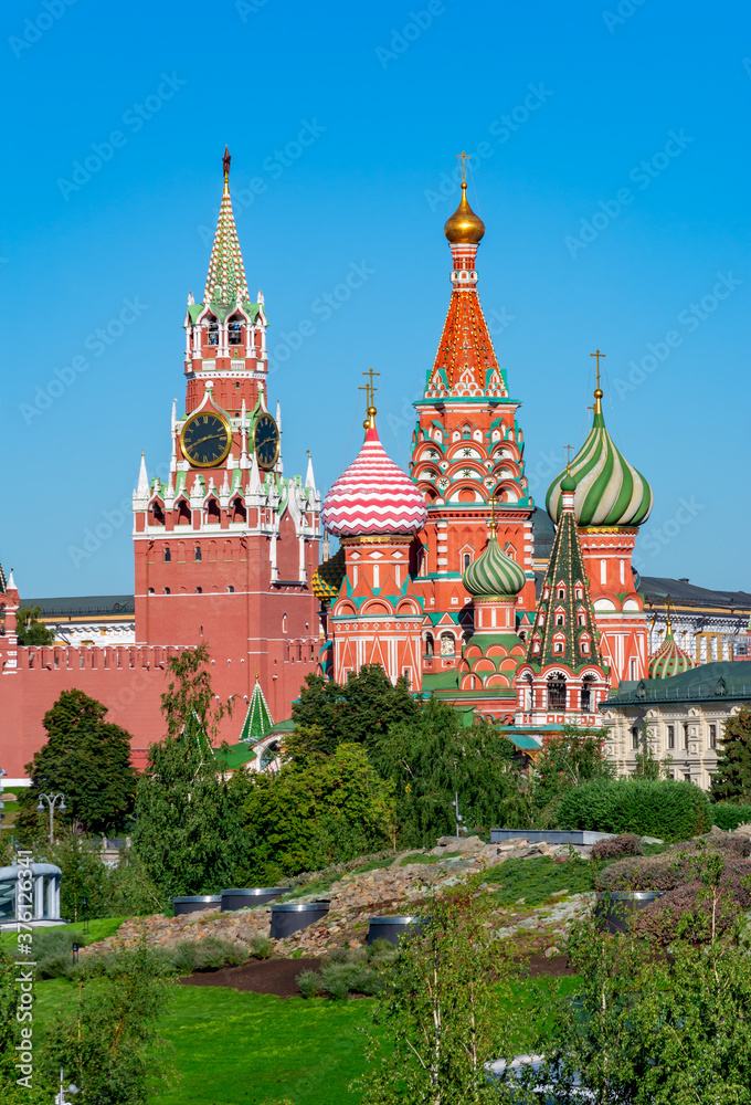 Cathedral of Vasily the Blessed (Saint Basil's Cathedral) and Spasskaya Tower on Red Square in Moscow, Russia