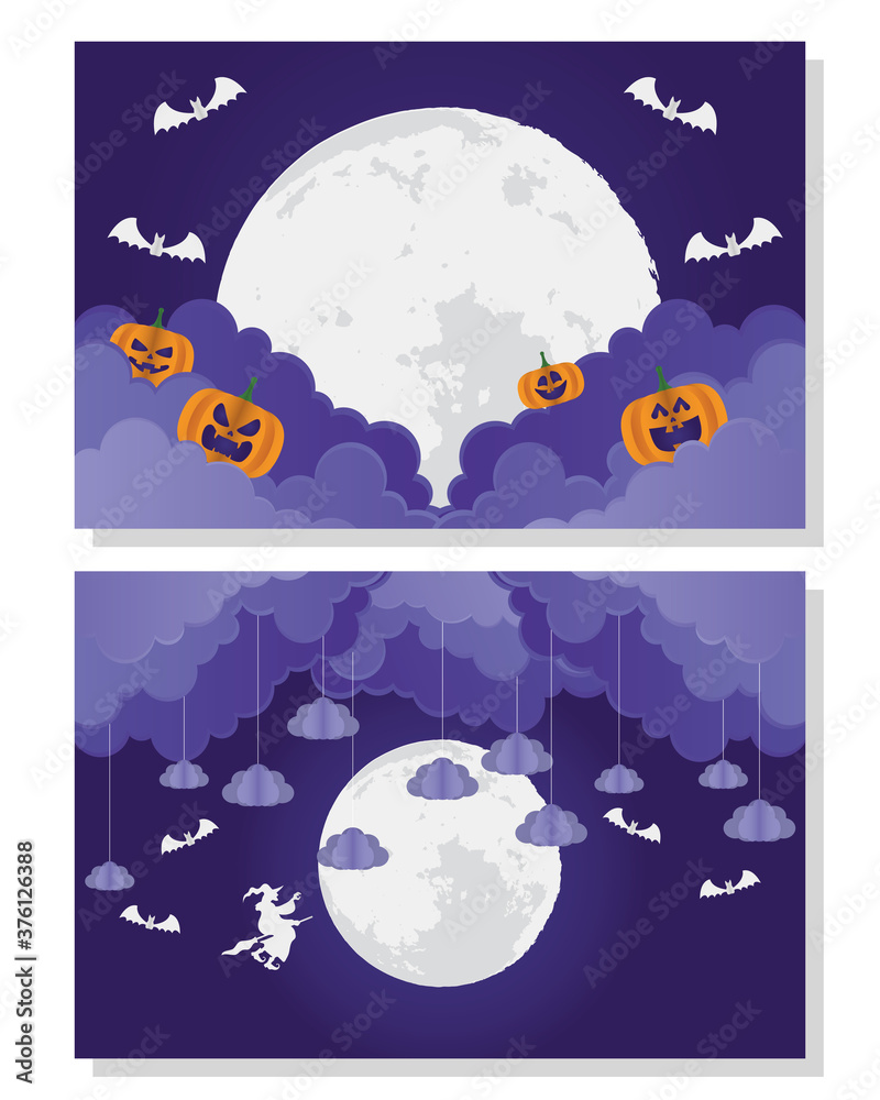 happy halloween card with pumpkin and witch in moons scenes