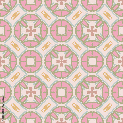 Style bright color seamless pattern in pink, yellow and white for decoration, paper wallpaper, tiles, textiles, neckerchief, pillows. Home decor, interior design, cloth design.