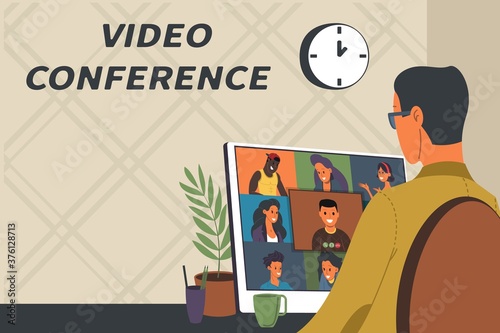 Vector Illustration of webinar, online meeting concept, work from home, flat design. Video conferencing, teleworking, social distancing, business discussion. Character talking with colleagues online.