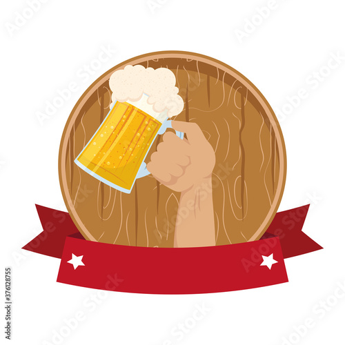 beer wooden barrel with hand lifting jar