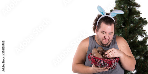 Funny Easter bunny, white background.