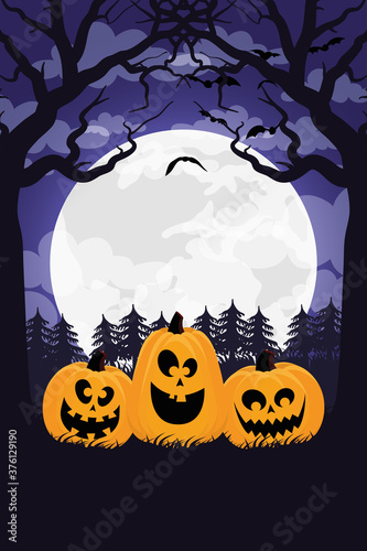 happy halloween card with pumpkins and moon scene
